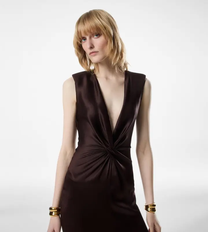 SLEEVELESS DEEP V-NECK TWIST FRONT SILK EVENING DRESS online
